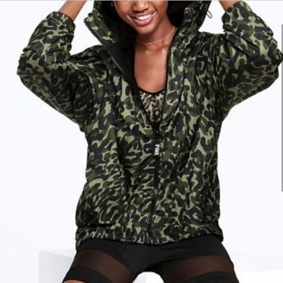 Victoria's Secret Pink Camo Windbreaker Full Zip Jacket M/L - Picture 1 of 8